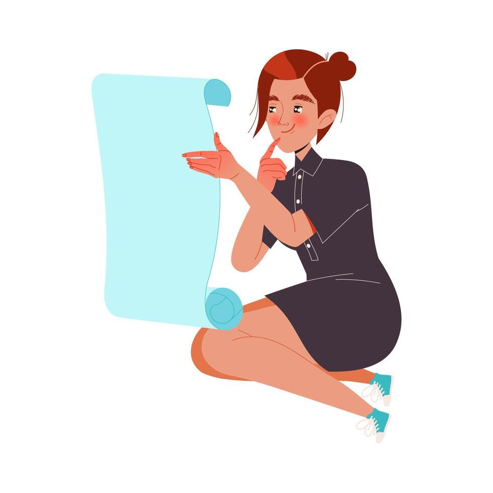 Woman Character Sitting with Paper Scroll Working with Text Illustration vector