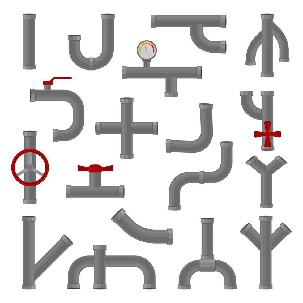 Set of pipelines. Gray Water pipeline elements with valves, joints and connections vector