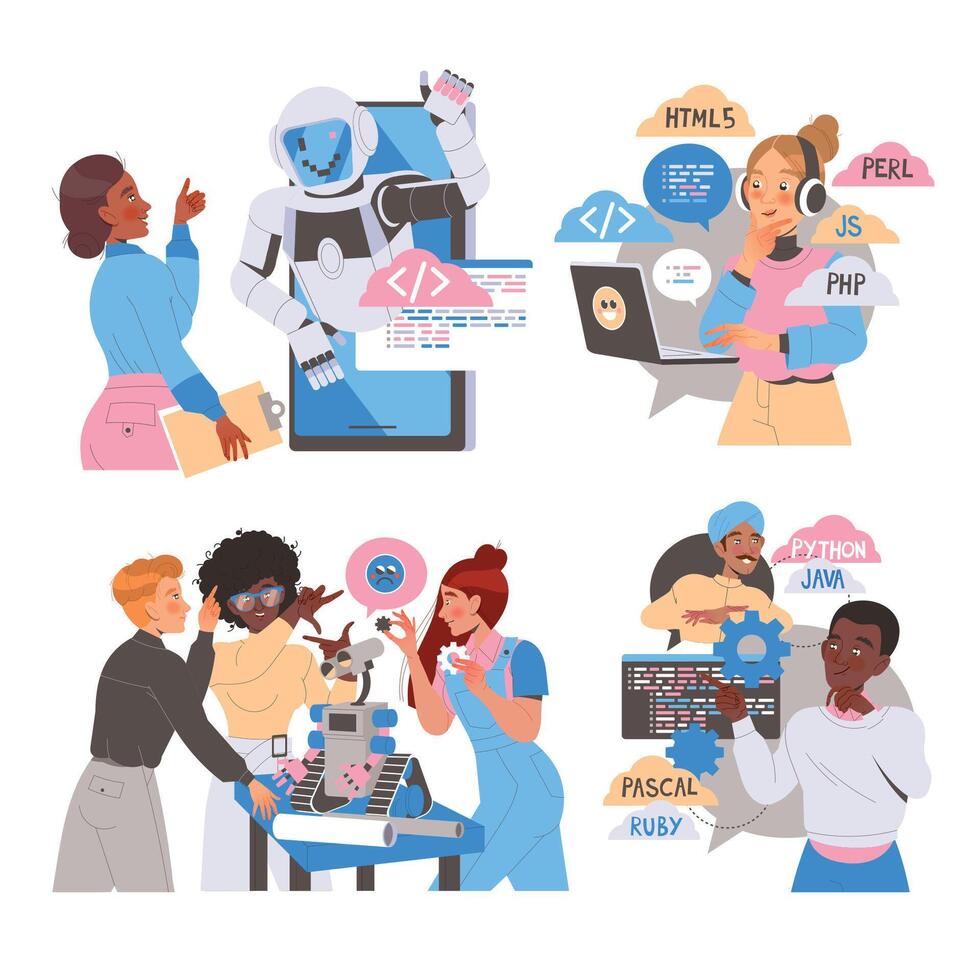 Robotics Programming with Male and Female Engineer Characters Engaged in Artificial Intelligence Development Set vector