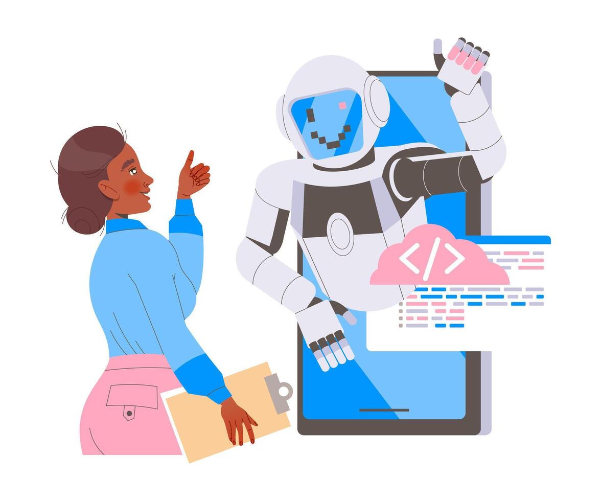 robótica programación con mujer ingeniero personaje y robot demostración pulgar arriba ilustración vector