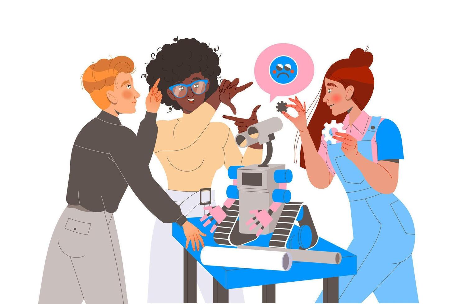 robótica programación con hombre y mujer ingeniero personaje configurando robot ilustración vector