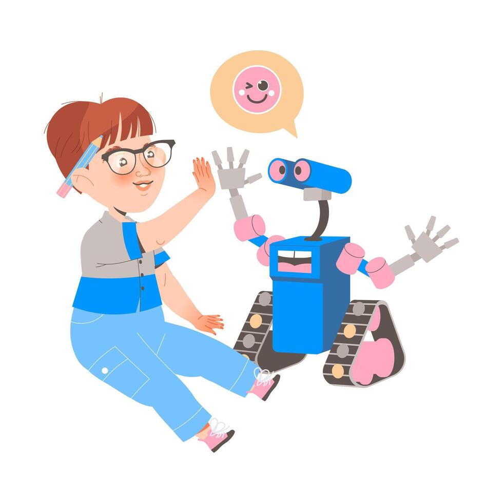 Little Boy and Robot Giving High Five Expressing Friendly Emotion as Robotics Programming Illustration vector