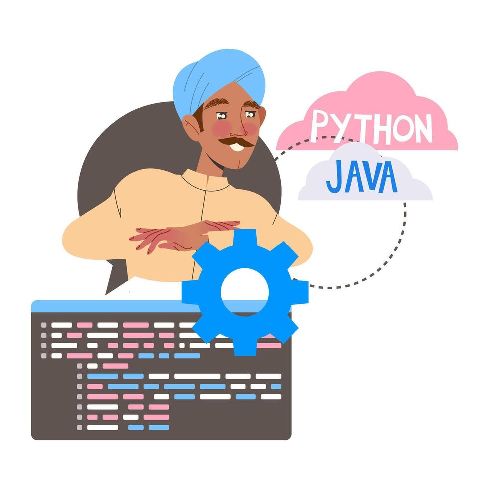 hombre árabe aplicación dev en turbante profesional desarrollando y codificación software solicitud para móvil dispositivo ilustración vector