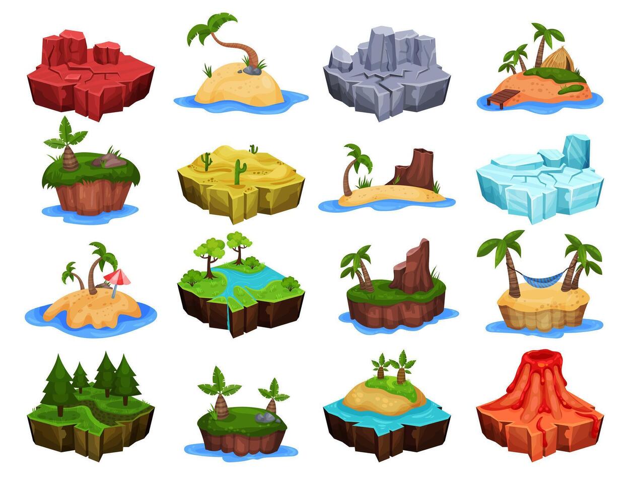 Islands for Computer Game with Desert, Forest, Tropical Beach, Ice, Mountain and Volcano Big Set vector