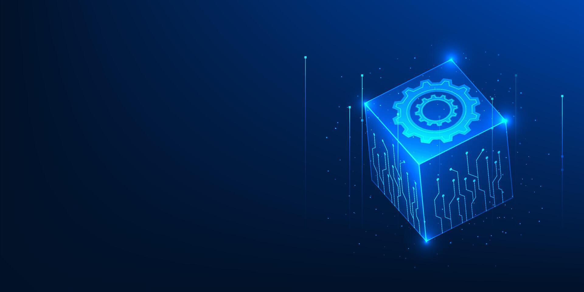 Blockchain Technology Background with Gear Circuit Box, Digital Transaction Processing, Secure Financial Operation, Decentralized Network System Concept vector