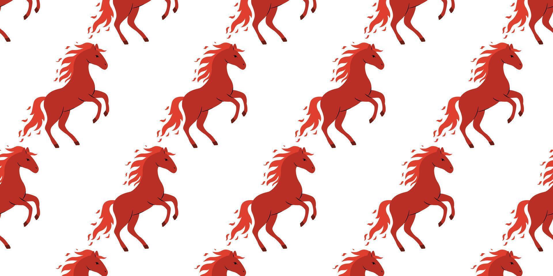 Red horses trotting in a repetitive pattern on a white background creating a vibrant and playful design vector