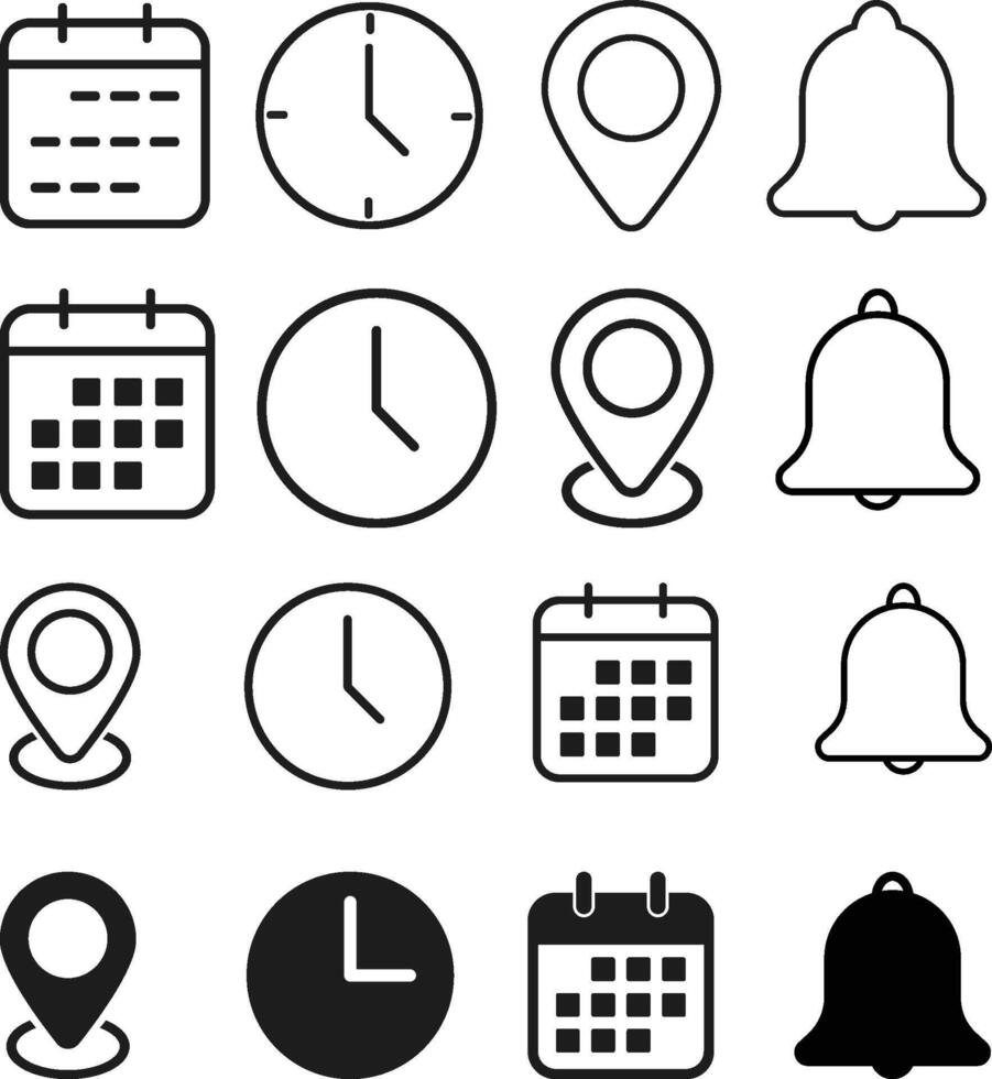 Date Time Location Notification Icon Set. Event Alerts and Reminder sign. Time Scheduling, Geolocation Alert symbols. Calendar, Clock, Map Pin, and Notification Bell Symbol Collection. Appointment vector