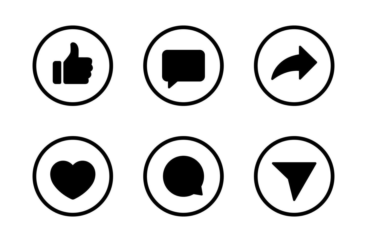 Like, comment, and share arrow icon in circular outline. Love, speech bubble, and send symbol vector