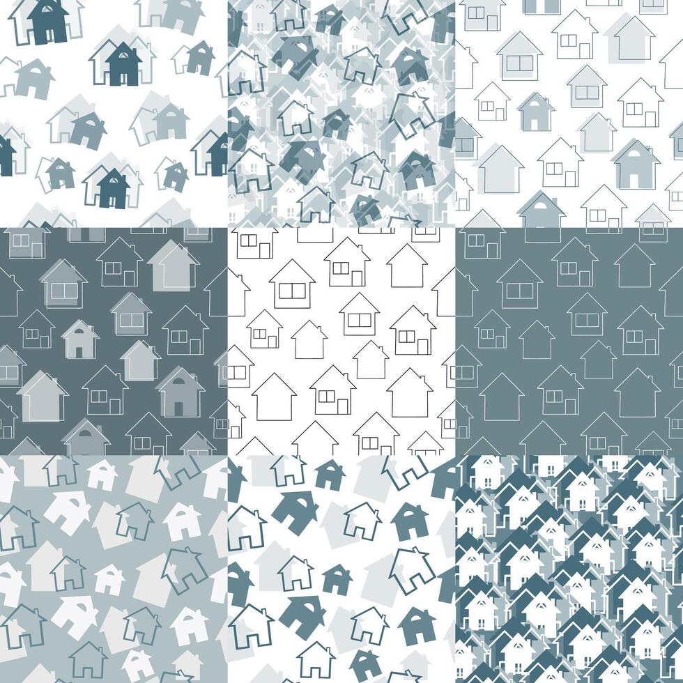 A collection of seamless patterns featuring houses and buildings. A set of simple hand-drawn house vector