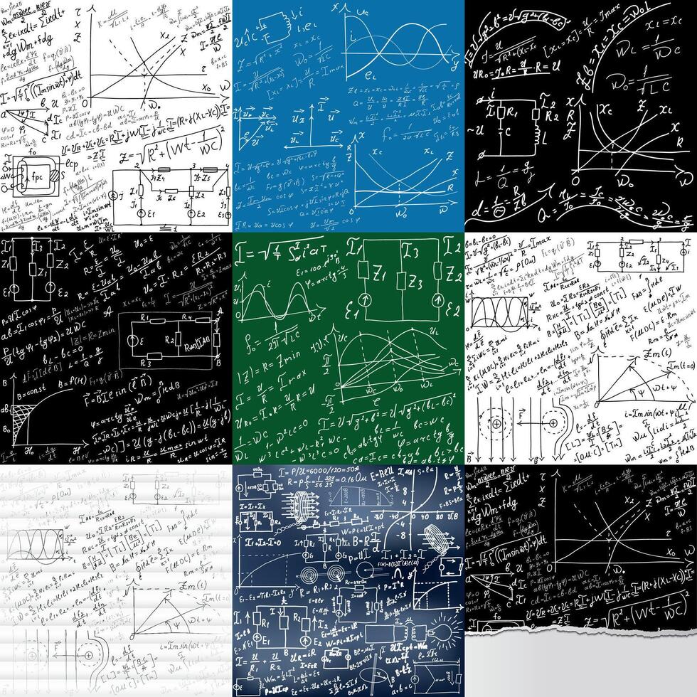 A collection of mathematical equations and formulas on a blackboard. A set of hand-drawn diagrams and graphs on white, black, blue backgrounds. vector