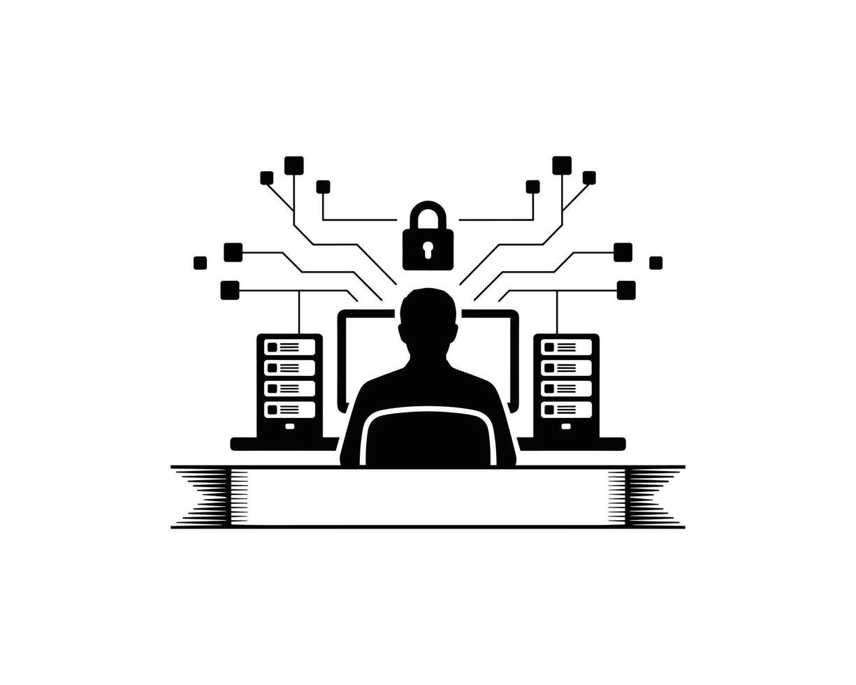Silhouette person at computer with servers and lock icon vector