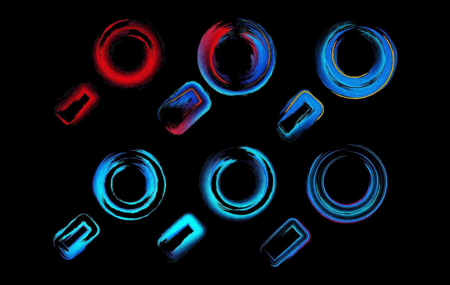 neon painted brush stroke search option icon set featuring abstract grunge circular shapes and glowing UI elements vector
