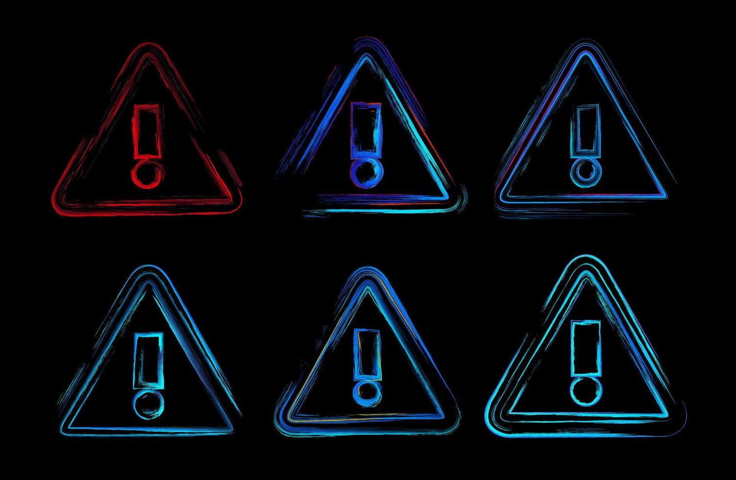 Set of neon warning icons, each designed as a glowing triangular sign with a bold exclamation mark. perfect for caution messages, cyber security warnings, system errors, or emergency notifications. vector