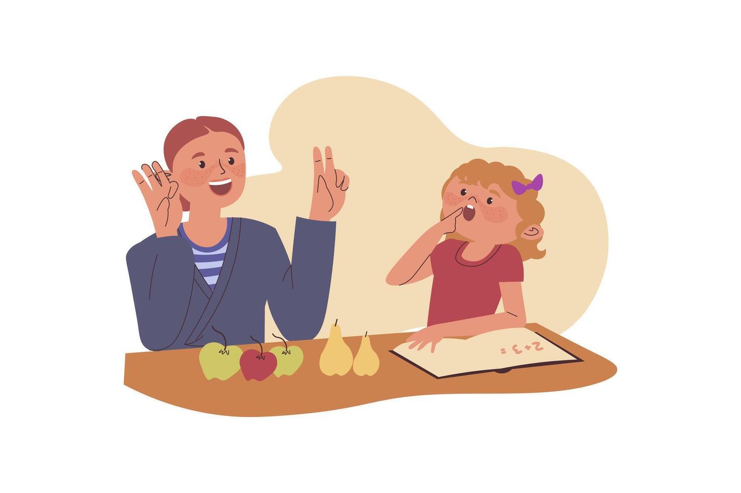 Children learning concept with cartoon people for web design. Mother explaining elementary arithmetic to daughter, girl pupil studying addition with fruits and doing homework. illustration. vector