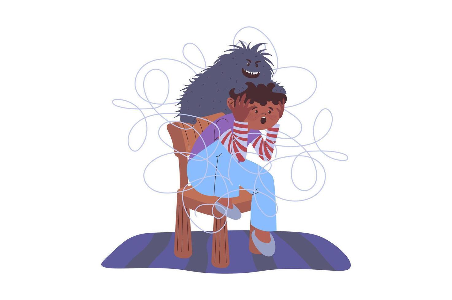 Mindset wellbeing concept with cartoon people for web design. Unhappy boy with chaotic thoughts suffering from inner monster mascot in negative emotion, panic attack or anxiety. illustration. vector