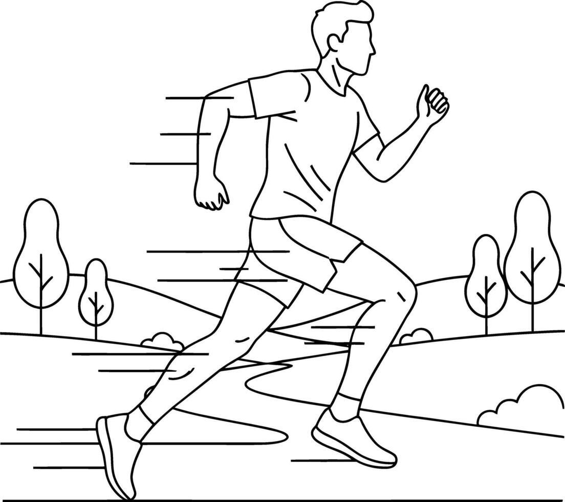 Dynamic monochrome illustration depicting a focused man running swiftly outdoors on a scenic path, symbolizing health, fitness, and an active lifestyle, perfect for diverse design projects vector