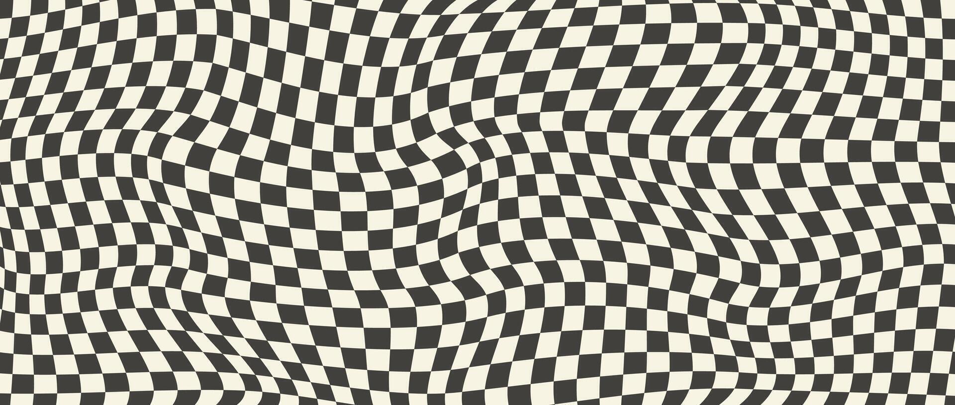 Monochrome trippy checkerboard background. Retro psychedelic checkered wallpaper. Wavy groovy chessboard surface. Distorted liquid geometric grid chess pattern. Abstract old race flag backdrop. vector