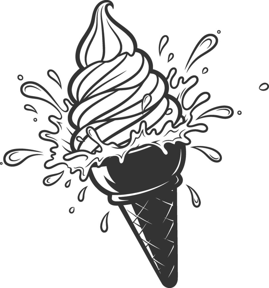 Delicious soft serve ice cream cone splashing monochrome art vector