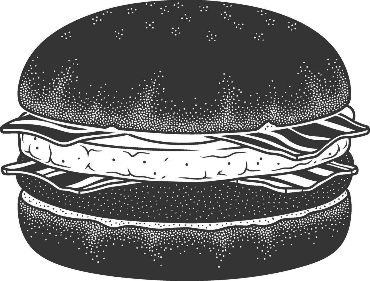 Black bun burger sketch with egg bacon and stipple texture vector