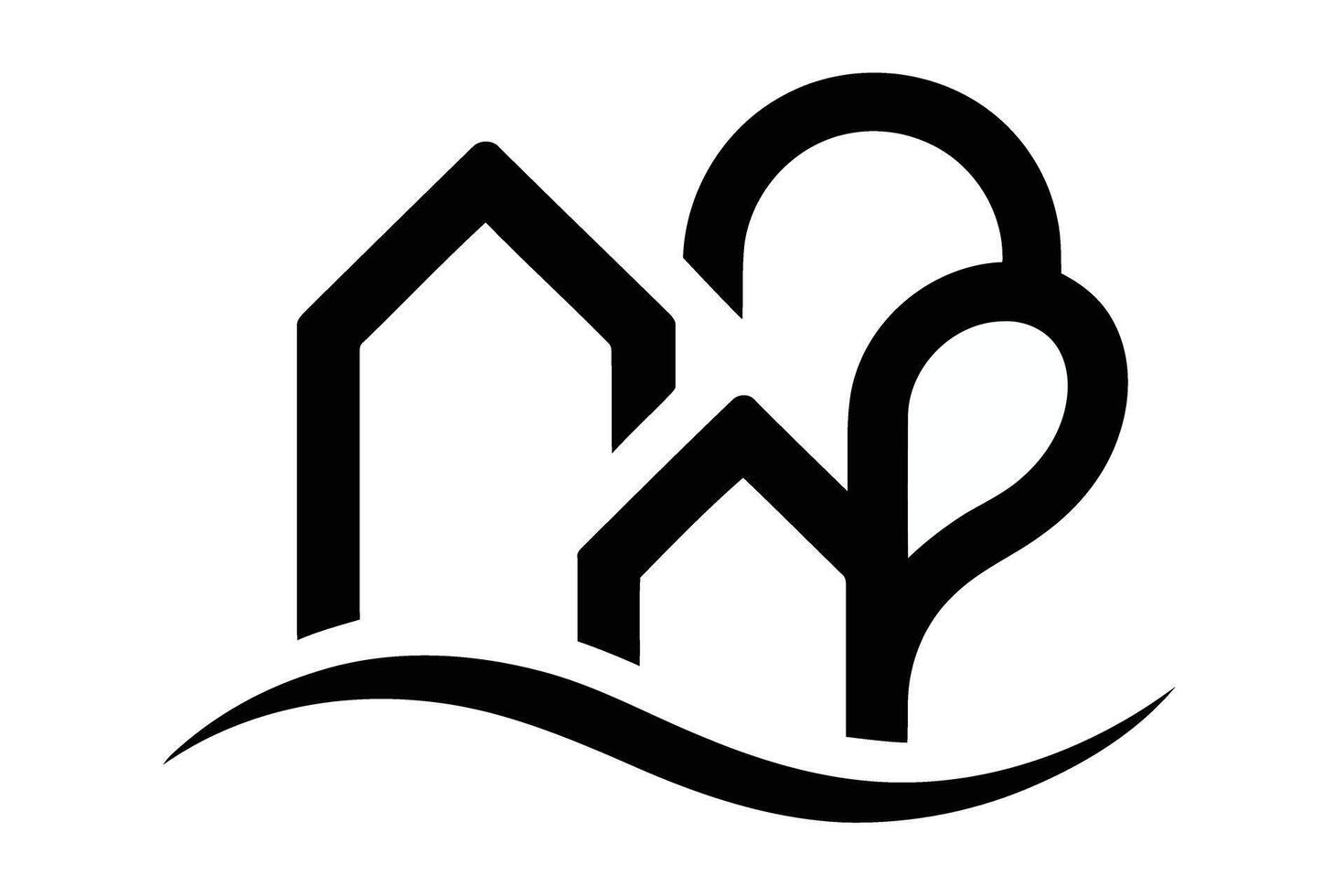 Abstract Black and White Icon of Intertwined Houses and a Tree on a Wavy Ground Line architecture building vector