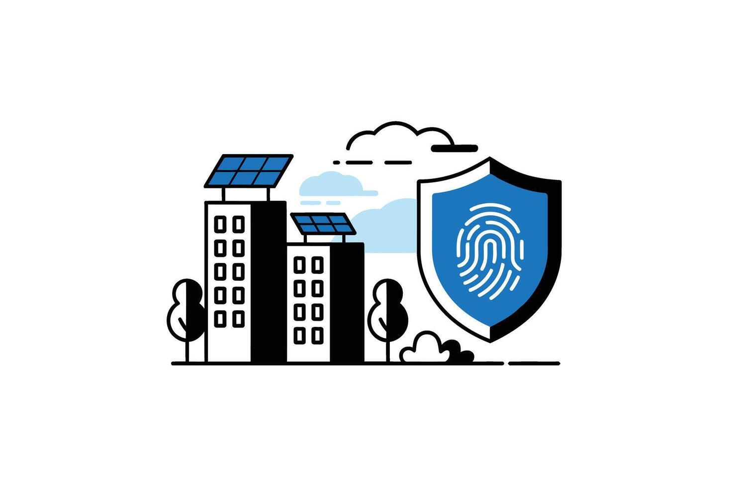 Buildings with Solar Panels and Fingerprint Shield Icon on White Background technology security vector