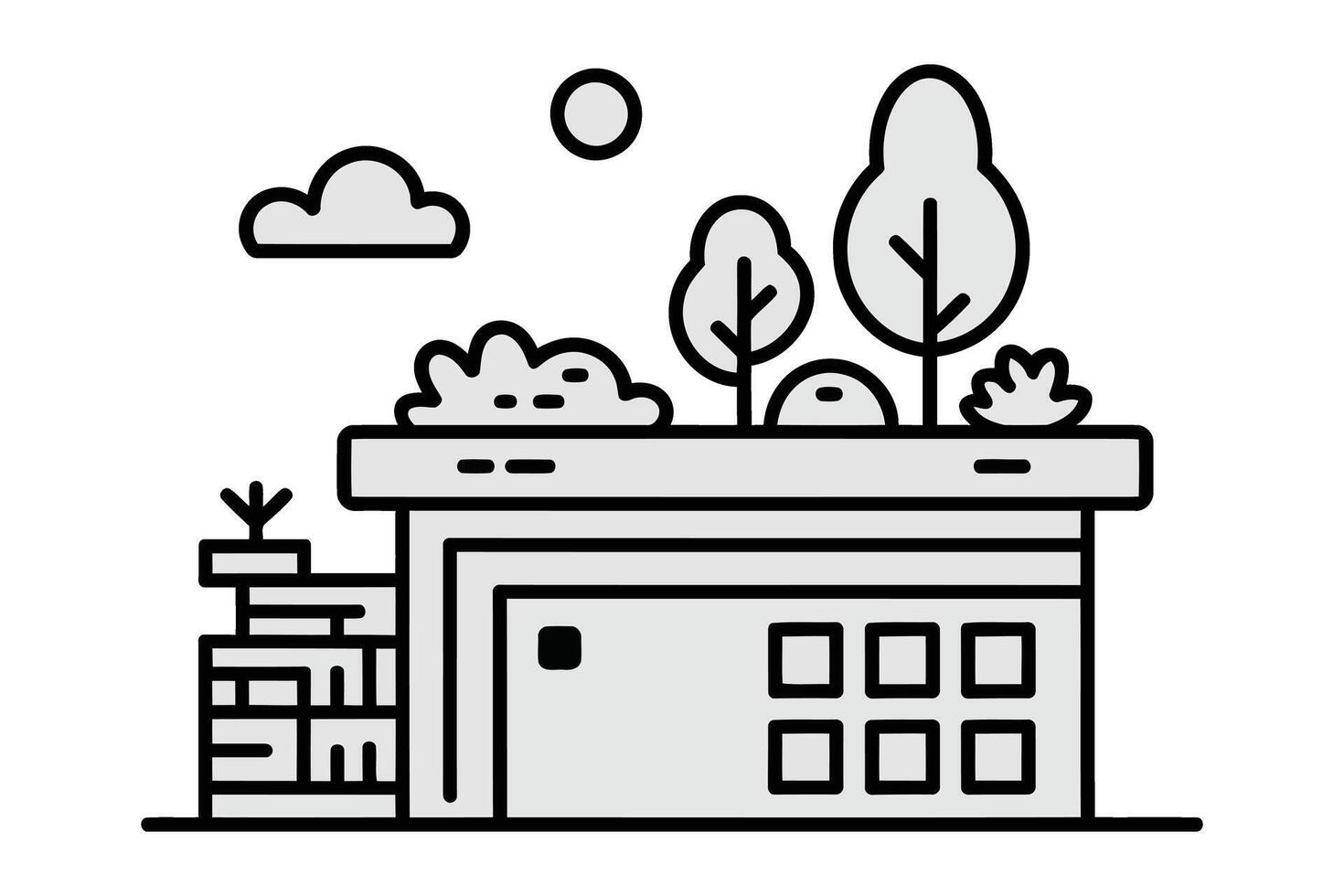 Flat design illustration of a modern building with trees and a cloudy sky architecture urban vector