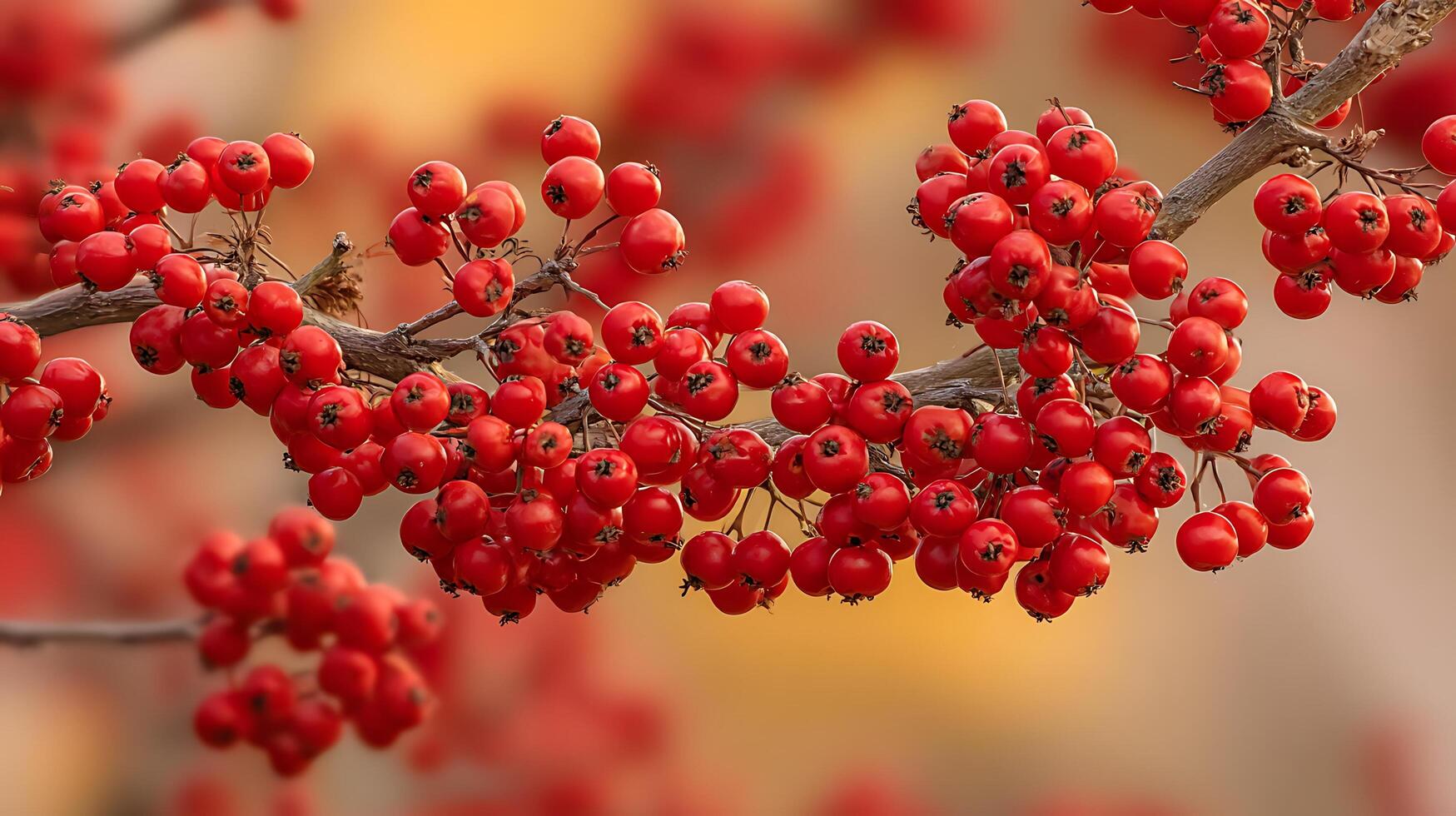 Bright Red Berries Clustered on a Twig with Soft Bokeh Background. photo