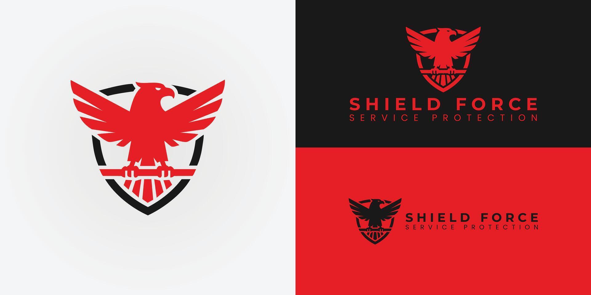 The dynamic logo for a security company. It features a powerful red eagle with its wings spread, symbolizing vigilance and protection. The eagle is set against a bold, modern black shield shape. vector