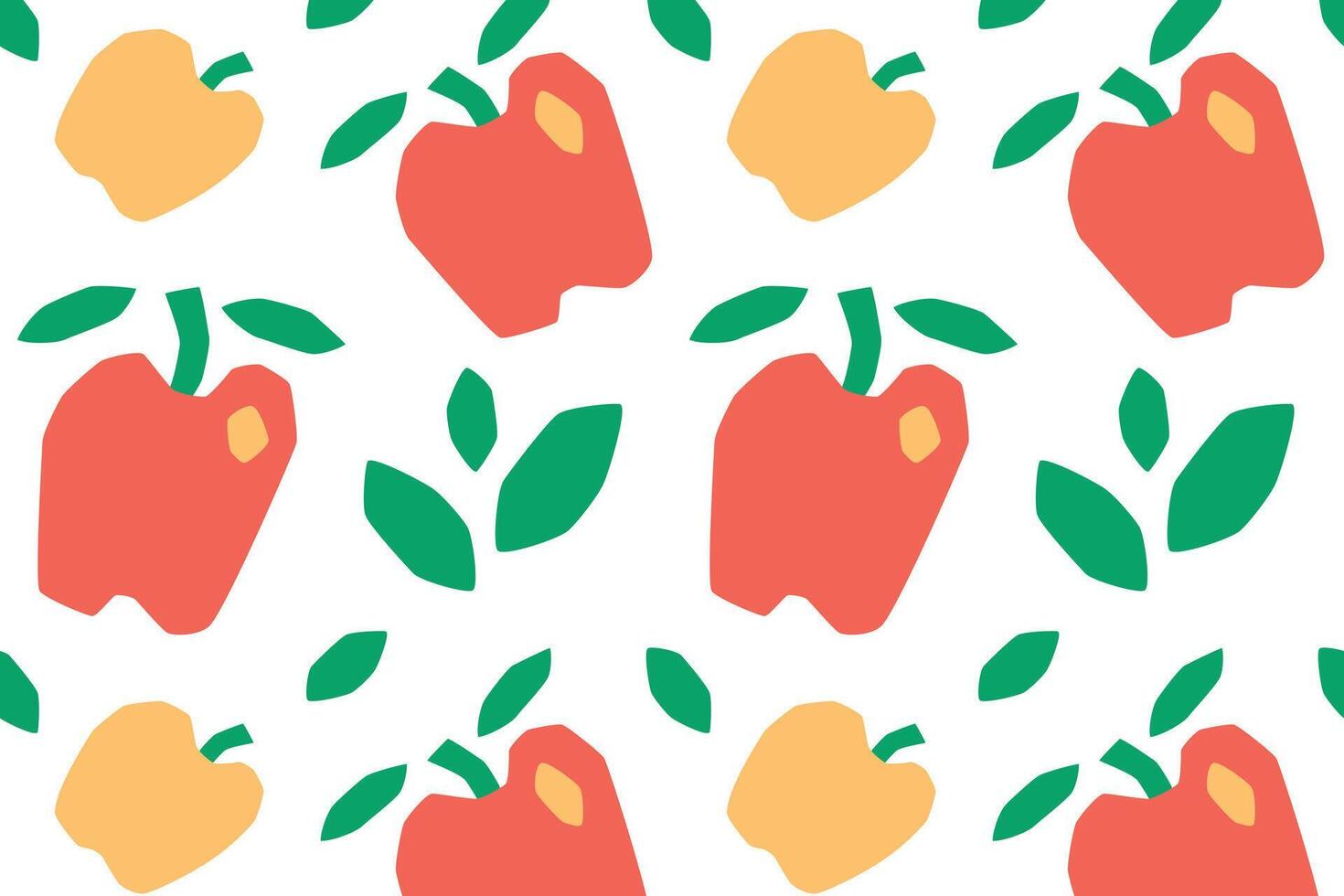 illustration with flat cartoon seamless pattern of apples and leaves in naive broken line style, simple rustic fruit design for textiles, wrapping, kitchen decor, fresh natural pattern vector