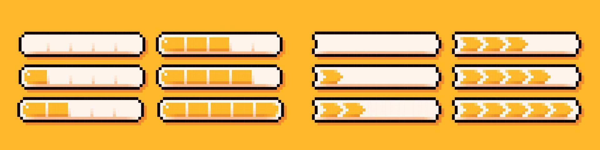 Energy yellow live bars in two different shapes drawn in pixel art 8 bit style. vector