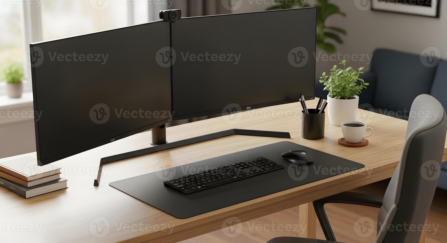 A desk with a computer monitor and keyboard on it photo