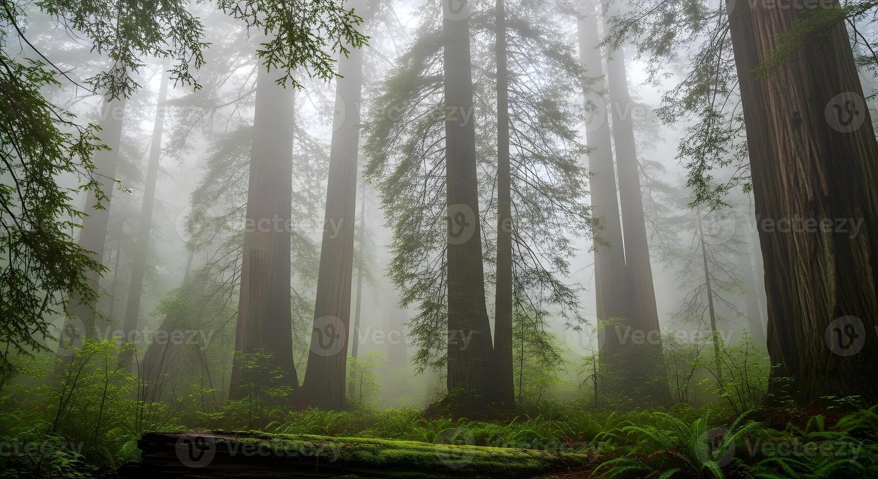 Ancient towering trees stand majestic amidst a swirling coastal fog, their colossal trunks disappearing into the misty canopy, creating an ethereal and tranquil forest scene photo