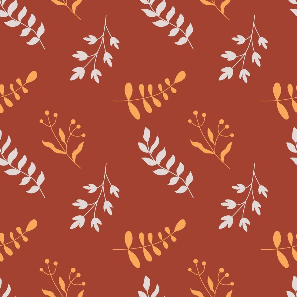 Minimal Leaf and Branch Seamless Pattern on Rust Background vector