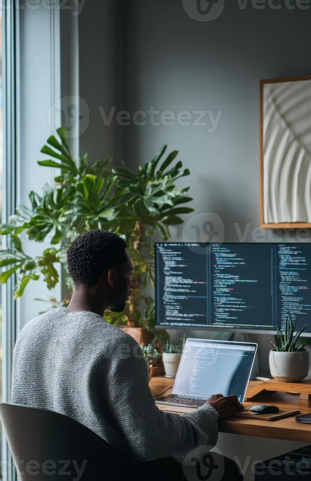 Remote Software Developer Coding in Green Home Office photo