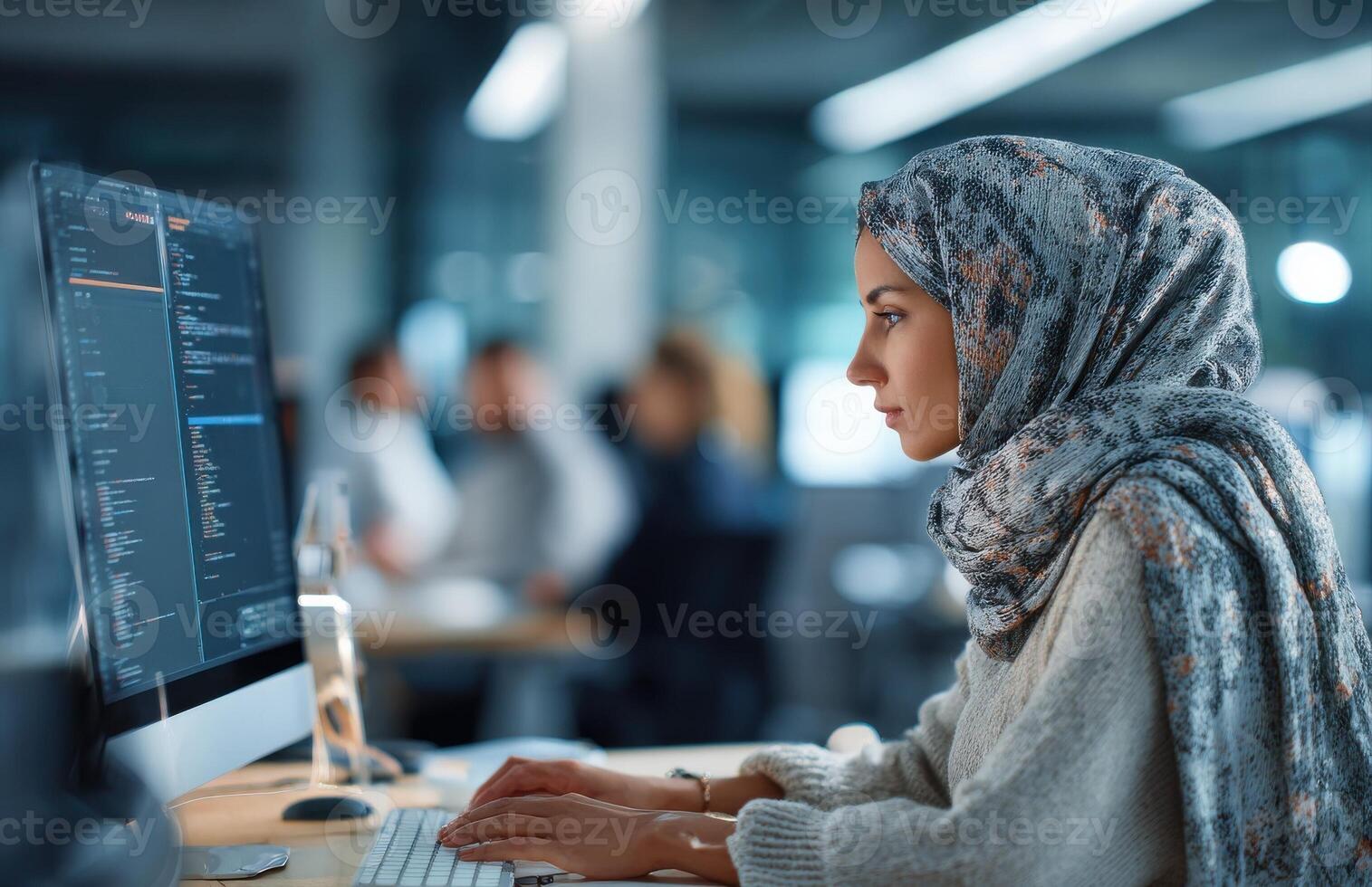 Focused front end developer in hijab coding at desktop computer photo