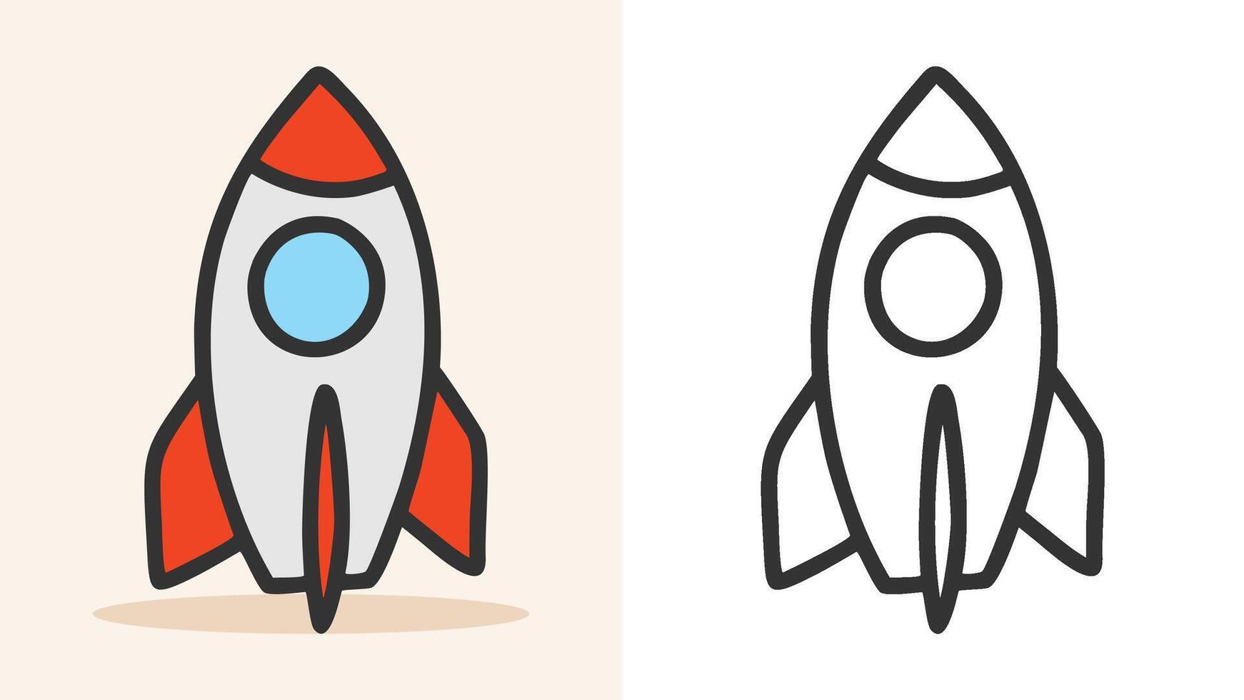 hand-drawn rocket and spaceship illustration with outline and color, ideal for space exploration, school project, science theme, and fun educational graphic vector