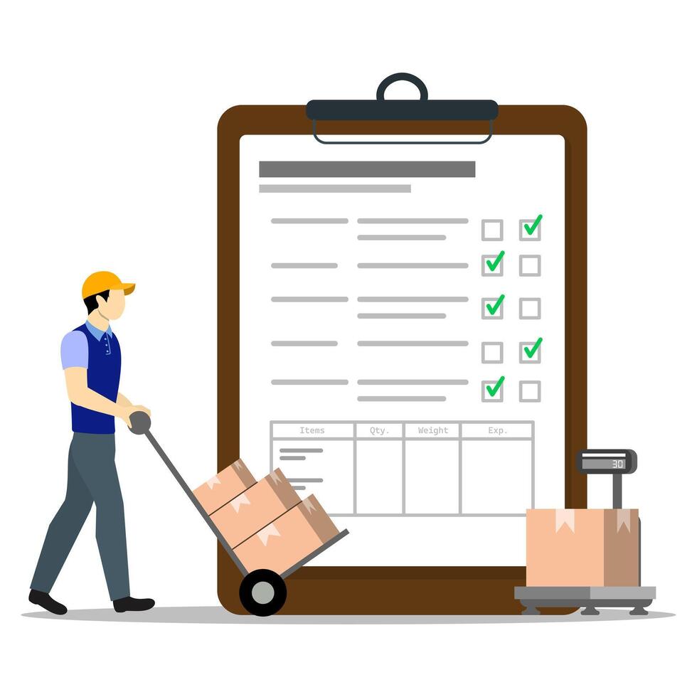 Illustration of a delivery worker moving packages with a trolley in front of a large checklist, symbolizing logistics, inventory control, and shipping management vector