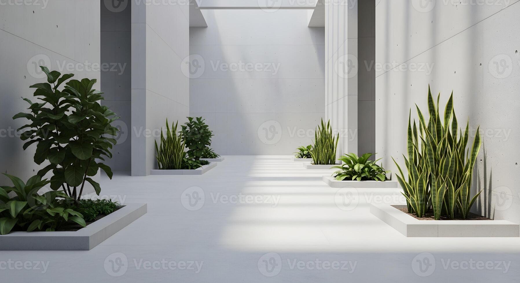 Minimalist architectural design with indoor plants and white concrete structures creating a serene atmosphere photo