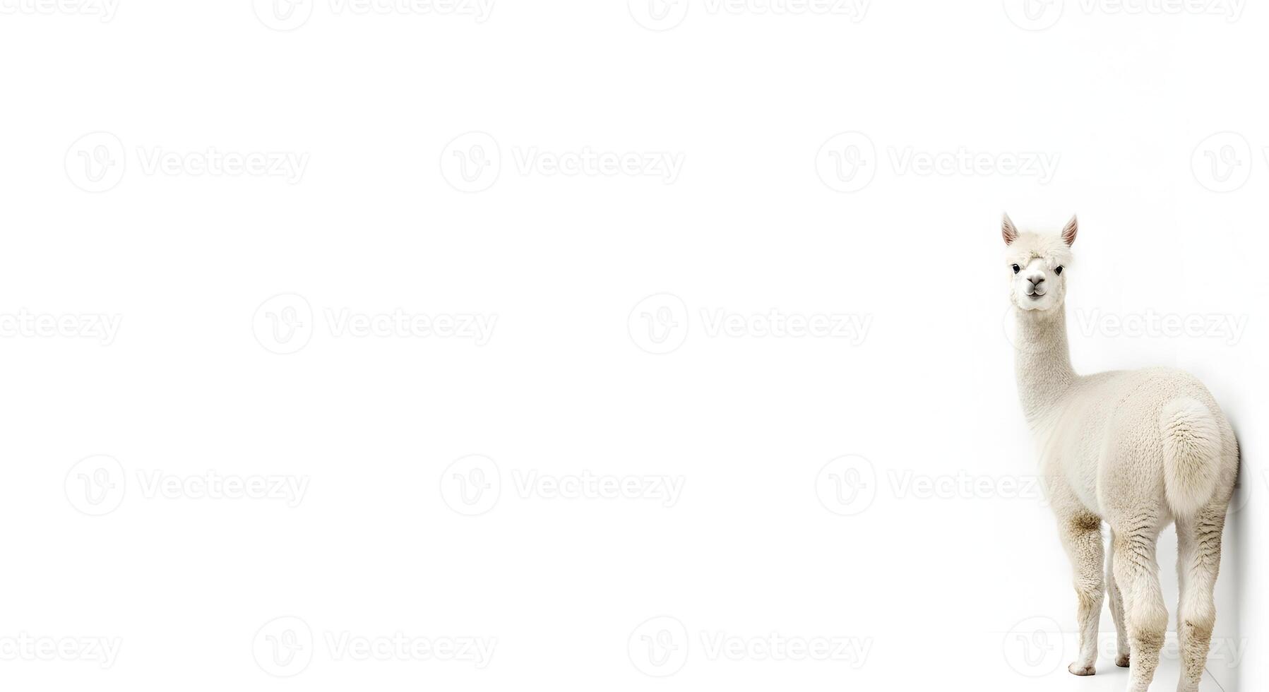 Elegant white alpaca standing majestically against a clean background with ample copy space providing serenity photo