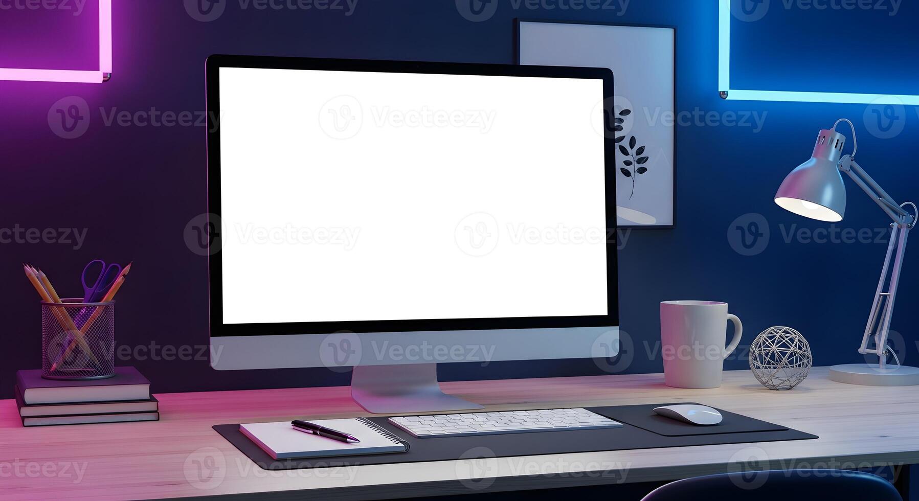 Modern Workplace with Computer Mockup Blank Screen Desk Lamp and Office Accessories photo