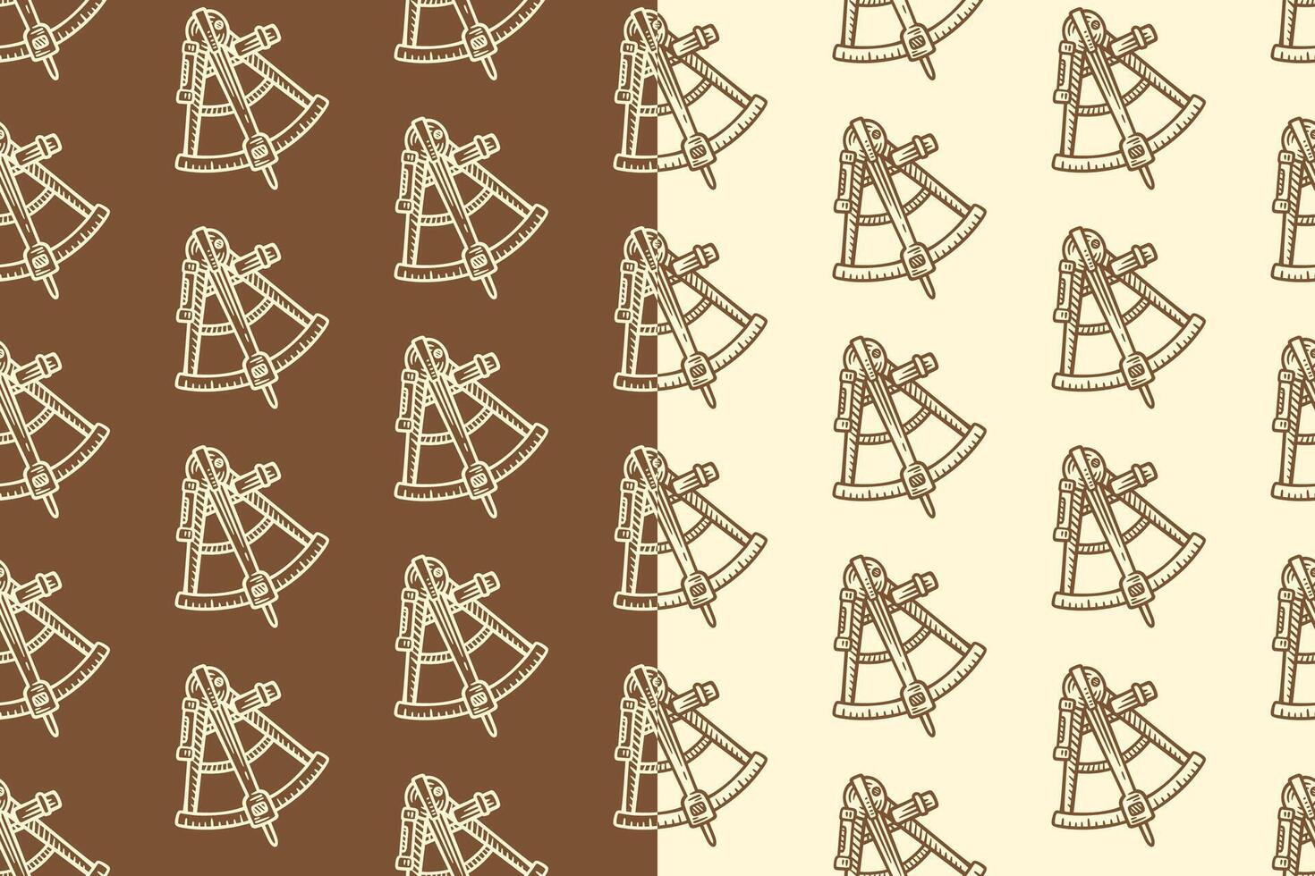 Sextant navigation tool engraving seamless pattern on tan beige background set for merchandise. Marine sextant line art doodle pattern background. Nautical sextant hatching motif wallpaper vector