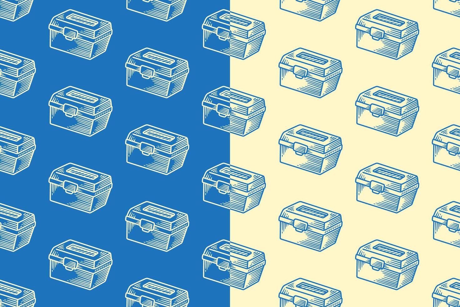 Toolbox line art seamless pattern on blue beige background for adventure merchandise. Storage box engraving doodle pattern background. Tackle and utility box illustration hatching motif wallpaper vector
