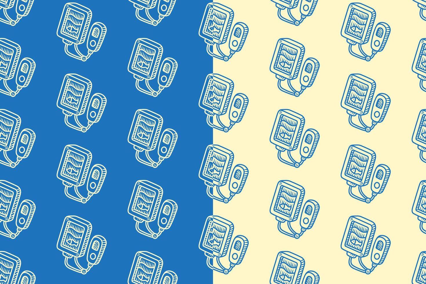 Fish finder tool line art seamless pattern on blue beige background for adventure sport merchandise. Portable keypad box engraving doodle pattern background. Lock box hatching motif wallpaper vector