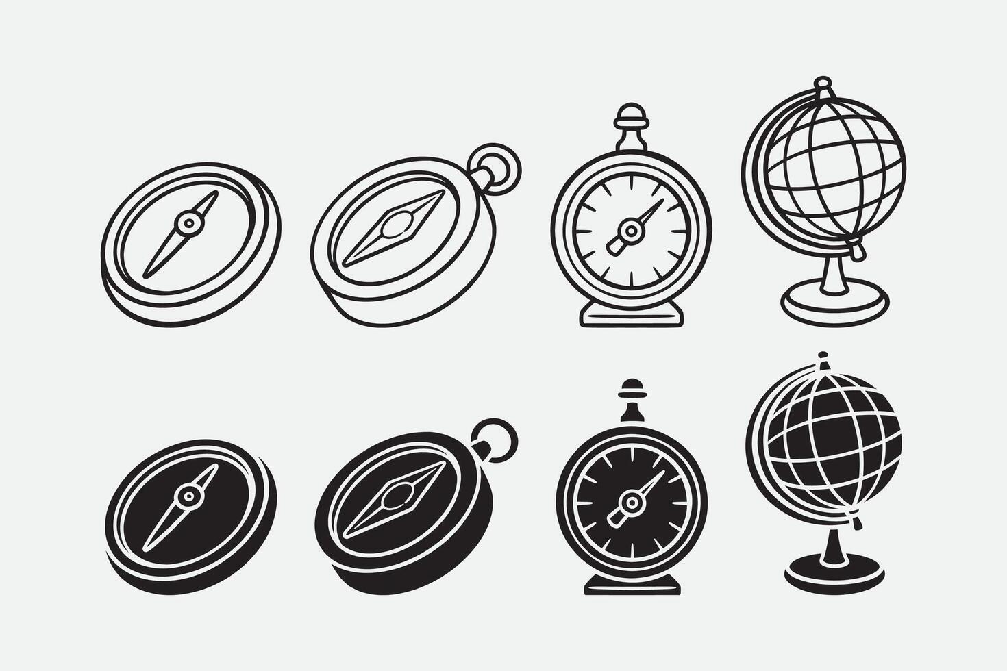 Direction compass, Magnetic compass, Pelorus, Globe world model outline icon set. Navigation and mapping instruments silhouette symbol element bundle. Adventure, outdoor, travel and exploration vector