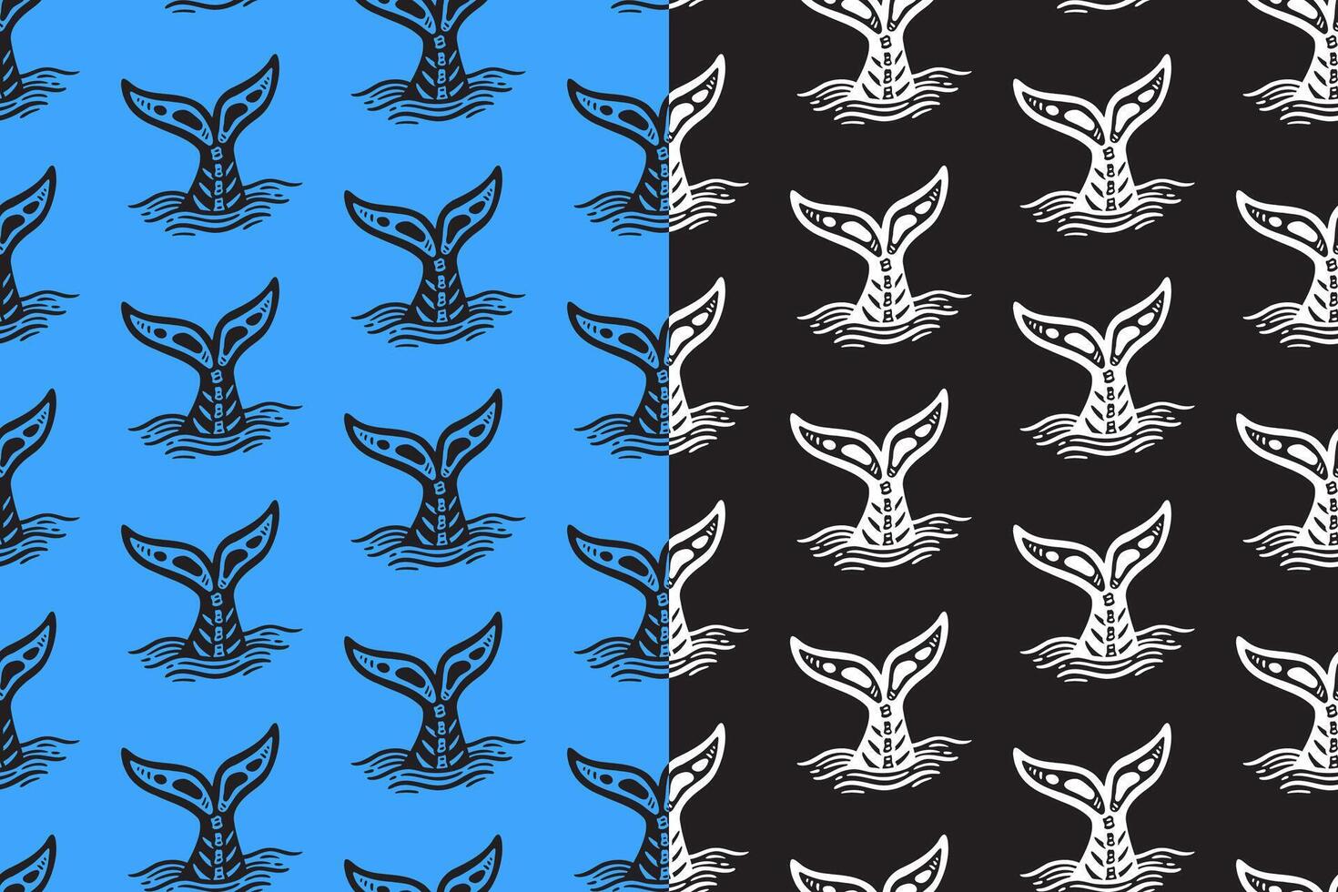 Whale tail bone engraving seamless pattern on blue black background set for merchandise. Cetacean tail line art doodle pattern background. Marine fluke and ocean tail hatching motif wallpaper vector