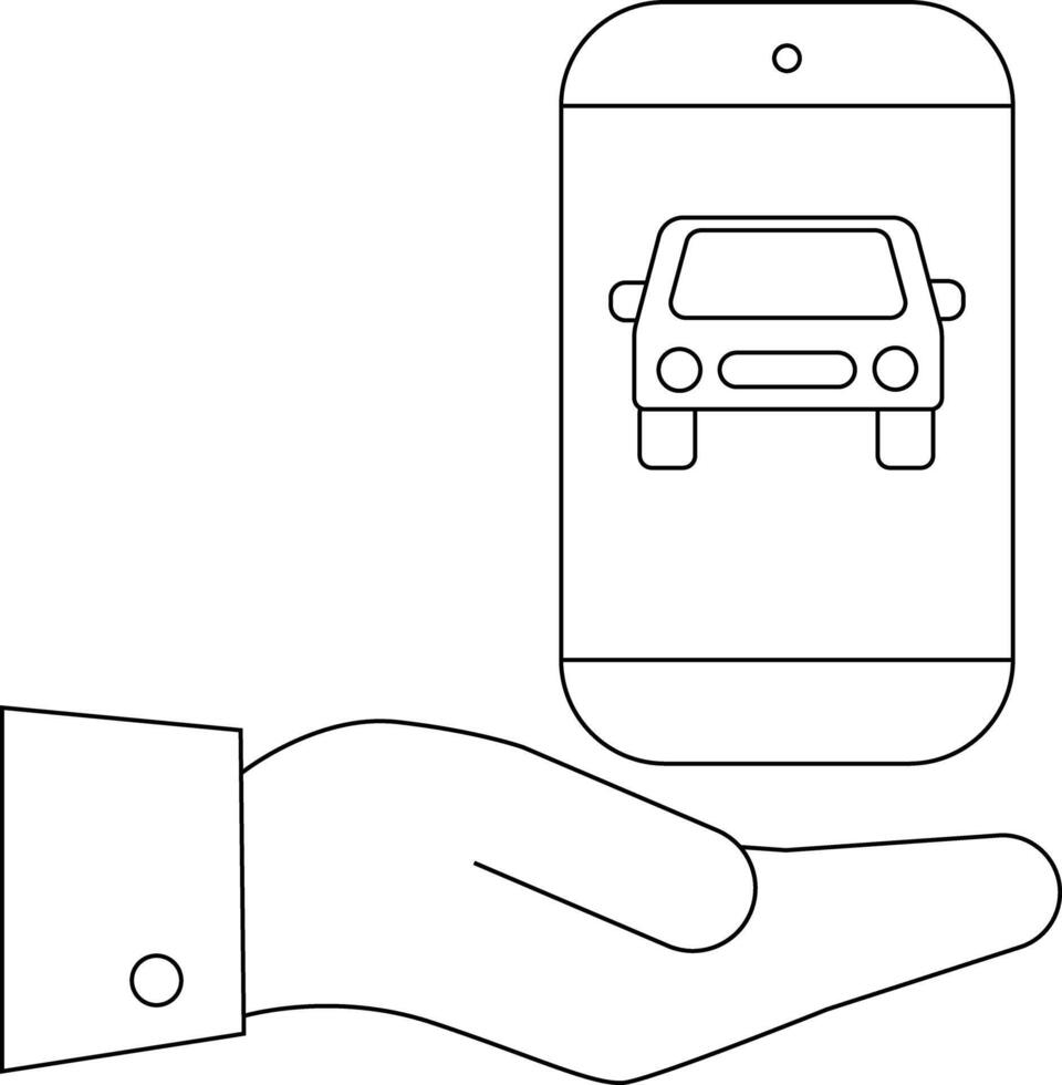 A hand holds a smartphone displaying a car icon vector