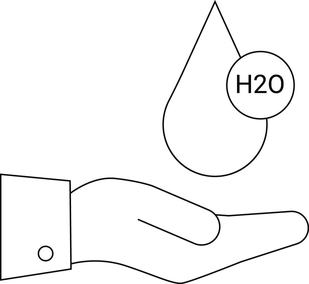 A simplified line drawing of a hand beneath a water droplet with H2O inside a circle vector
