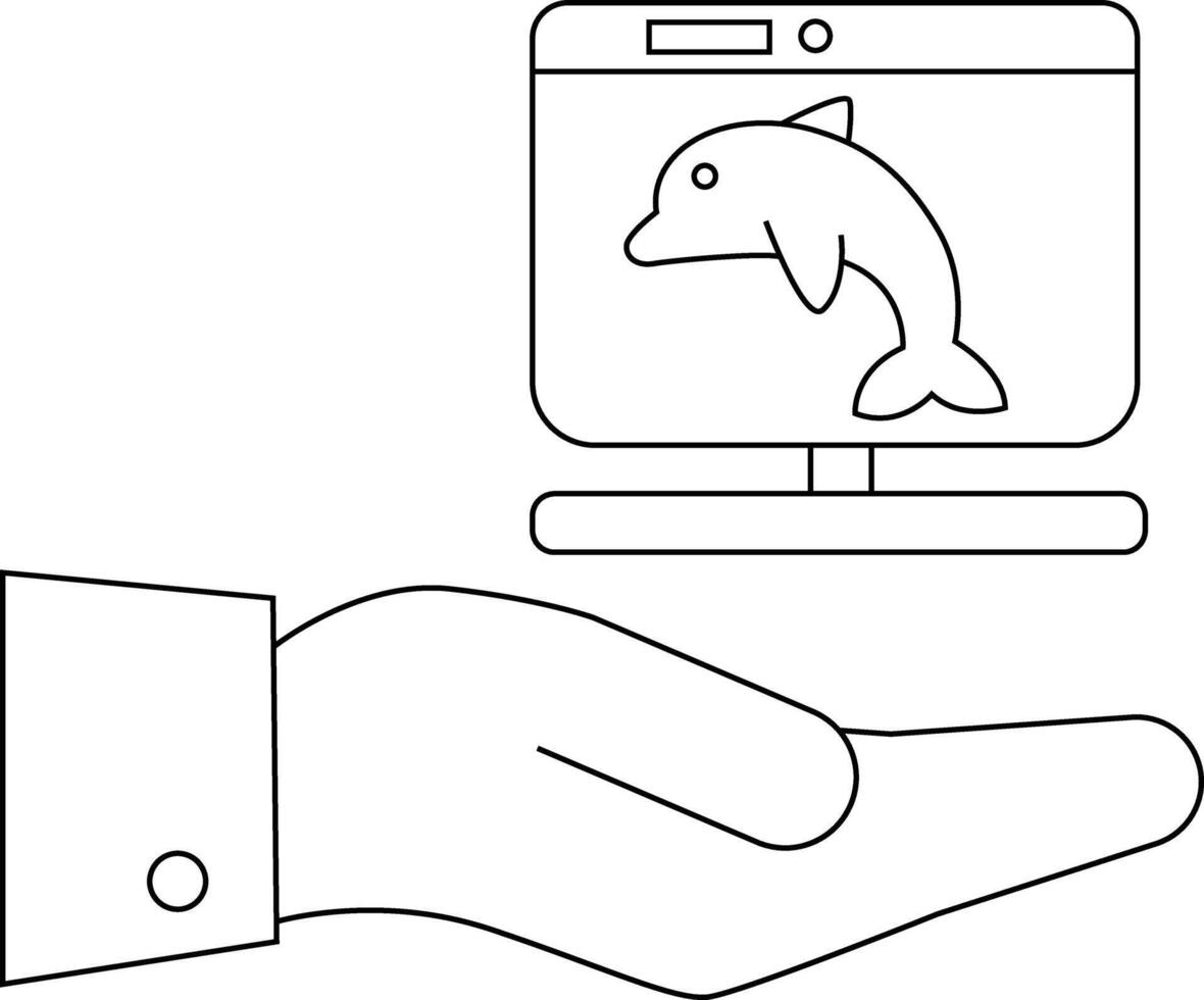 A hand holds a computer screen displaying a dolphin graphic set against a blank background vector