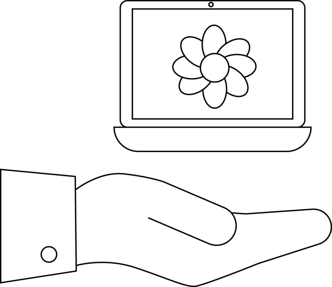 Laptop with a flower on its screen resting on an open hand with a suit sleeve vector