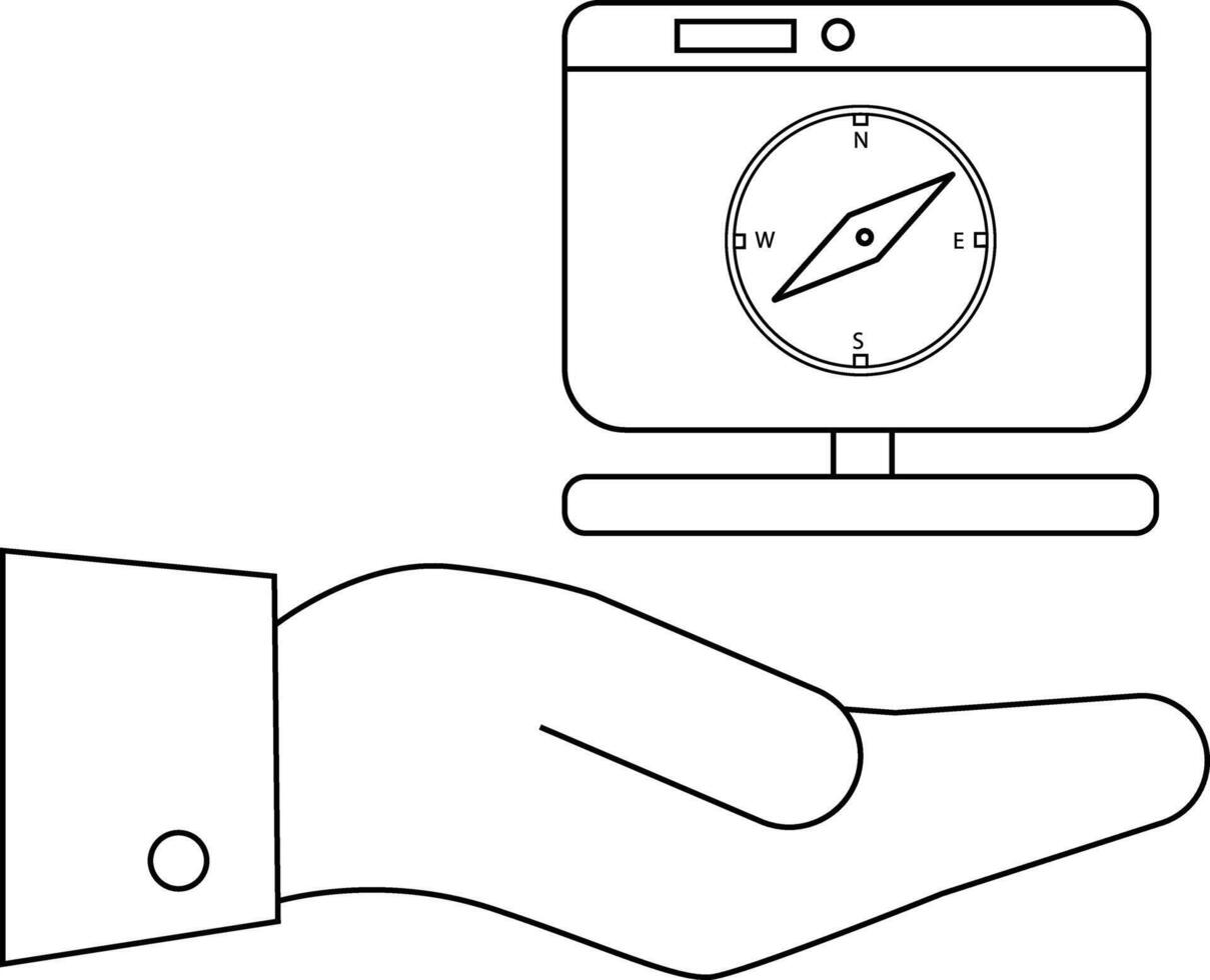 A hand holds a computer monitor displaying a compass pointing northwest vector